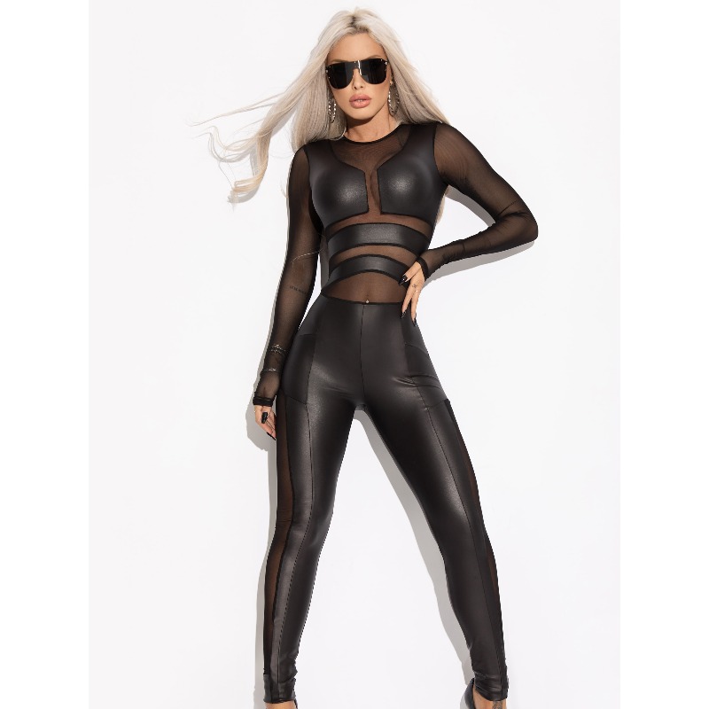 Leather Work Overalls - Krisnanas Leder-Overall, geteiltes Gelenk, Netzstoff, O-Ausschnitt,
