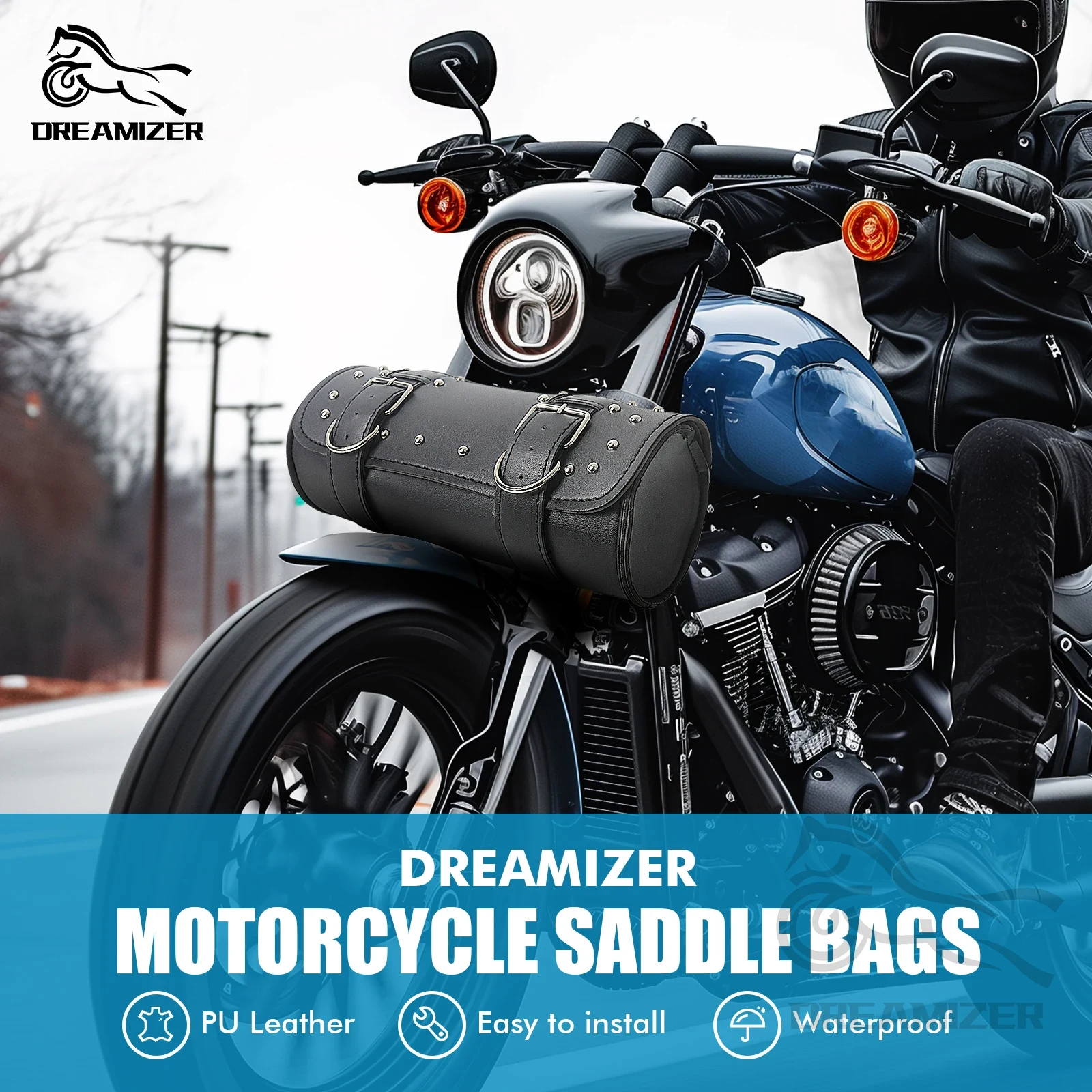 Leather Workshop - Motorrad-Vordergabel-Werkzeugtasche PU-Leder Wasserdichte Lenkertasche Vintage-Form Lenkertasche