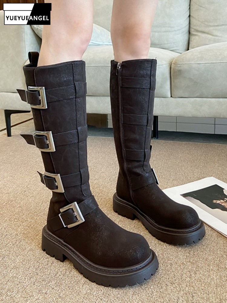 Leather Work Women Shoes - Modische Damen Multi-Schnallen Kniehohe Stiefel Dicke