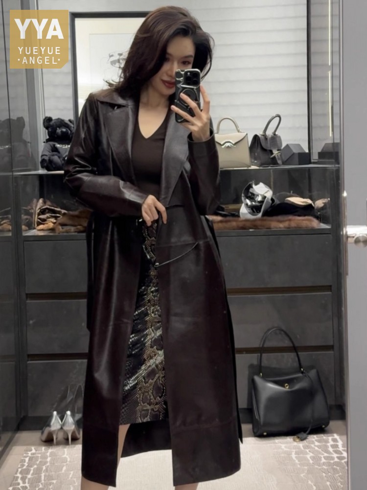 Leather Works Belt - Italienischer Designer-Büro-Damen-Arbeitsmantel aus langem Schaffell-Trenchcoat aus