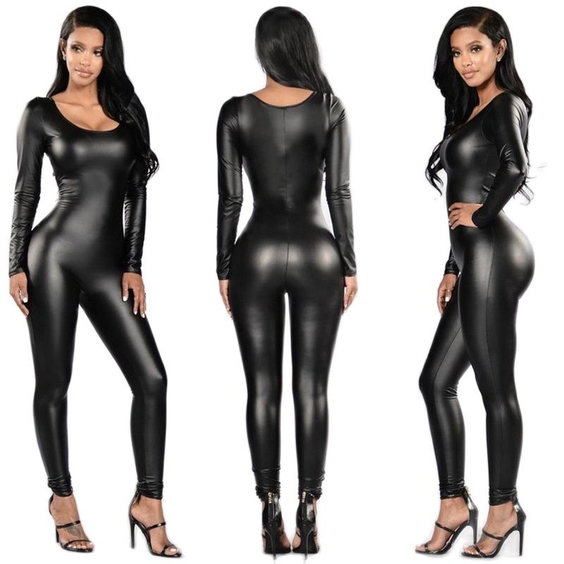 Leather Work Overalls - Frau PU Leder Overall Langarm Catsuit