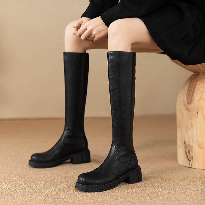 Leather Work Women Shoes - Herbst Winter Mittleren Absatz Damen Kniehohe